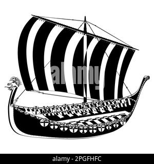 Dracar scandinave viking de style contour. Navire Norman voile. Illustration vectorielle isolée sur fond blanc. Illustration de Vecteur