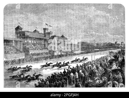 La grande horserace internationale 1863 à Longchamp, située sur la route des tribunes dans le Bois de Boulogne à Paris. Esquissée avant le film d'Eadlaund Muybridge illustre comment le cheval a vraiment galop. Banque D'Images