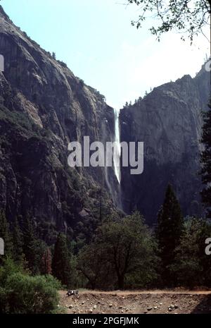 Parc national de Yosemite. ENV. ÉTATS-UNIS 1984. Yosemite Upper, Middle et Lower Falls. Repérez le cône de glace à la base de l'automne supérieur pendant l'hiver et le ruissellement torant d'avril à juin. Les chutes de Yosemite, l'une des plus hautes du monde, sont en fait composées de trois chutes distinctes : la chute de Yosemite supérieure (1 430 pieds), les cascades moyennes (675 pieds) et la chute de Yosemite inférieure (320 pieds). La meilleure observation des chutes de Yosemite est la région autour de Sentinel Meadow et de la Yosemite Chapel. Nevada Falls, Bridalveil Falls et Vernal Falls vus depuis le fond de la vallée de Yosemite. Banque D'Images