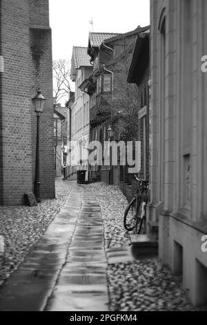 Photo verticale en niveaux de gris d'une ruelle étroite entre deux bâtiments en briques Banque D'Images