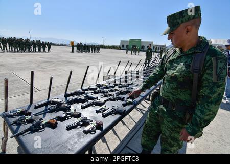 22 mars 2023, RayÃ³n, Mexique : l'armée mexicaine de la zone militaire 22nd a détruit 288 armes légères, 93 armes longues, 3472 munitions et 102 magazines, qui provenaient de saisies par le crime organisé et avaient été mis à la disposition du Ministère de la défense nationale. Sur 22 mars 2023 à RayÃ³n, México. (Credit image: © Arturo Hernandez/eyepix via ZUMA Press Wire) USAGE ÉDITORIAL SEULEMENT! Non destiné À un usage commercial ! Banque D'Images