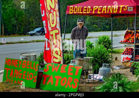 Un homme vend des arachides bouillies et des produits variés sur un stand en bord de route sur la Mississippi Highway 63, 20 mars 2023, à Moss point, Mississippi. Banque D'Images