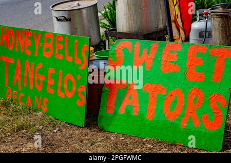 Des panneaux indiquant des fruits et légumes variés sont affichés sur un stand en bordure de route sur la Mississippi Highway 63, 20 mars 2023, à Moss point, Mississippi. Banque D'Images