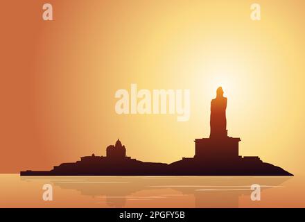 Silhouette de coucher de soleil du monument commémoratif de Vivekananda Rock et statue de Thiruvalluvar - Kanyakumari Tamilnadu Inde - Illustration de stock comme fichier EPS 10 Illustration de Vecteur