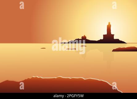 Silhouette de coucher de soleil du monument commémoratif de Vivekananda Rock et statue de Thiruvalluvar - Kanyakumari Tamilnadu Inde - Illustration de stock comme fichier EPS 10 Illustration de Vecteur