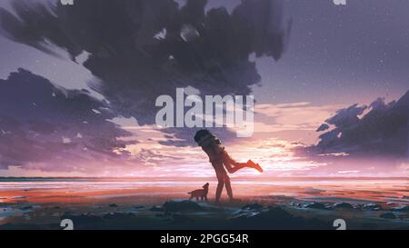 les couples s'embrassant les uns les autres dans l'amour sur la plage, style d'art numérique, peinture d'illustration Banque D'Images