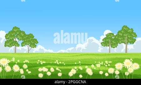 Paysage d'été vectoriel avec des fleurs et des arbres dans la prairie Illustration de Vecteur