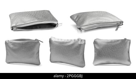 Ensemble avec sacs à cosmétiques élégants sur fond blanc. Bannière Banque D'Images