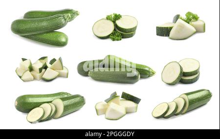 Ensemble de courgettes fraîches mûres sur fond blanc Banque D'Images