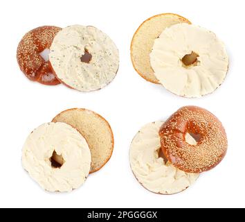 Avec de délicieux bagels et du fromage à la crème sur fond blanc, vue du dessus Banque D'Images