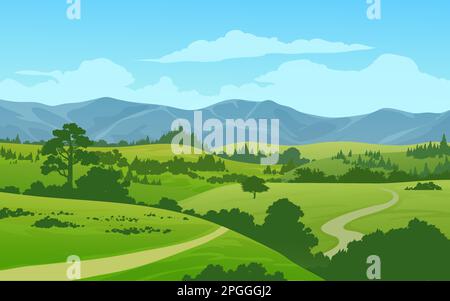 Campagne paysage de jour ensoleillé avec montagne et route Illustration de Vecteur