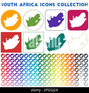 Collection d'icônes d'Afrique du Sud. Icônes de carte branchées colorées et lumineuses. Badge moderne de l'Afrique du Sud avec carte du pays. Illustration vectorielle. Illustration de Vecteur