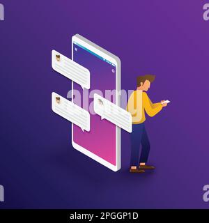 Homme d'affaires discutant sur smartphone. Application de messagerie, application de chat mobile, logiciel mobile Messenger. Vecteur violet isométrique 3D Ill Illustration de Vecteur