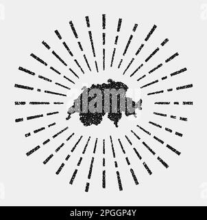 Carte vintage de la Suisse. Grunge Sunburst dans tout le pays. Forme suisse noire avec rayons du soleil sur fond blanc. Illustration vectorielle. Illustration de Vecteur