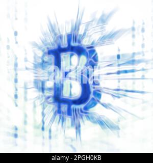 Bitcoin ₿ crypto-monnaie dans le réseau de blockchain, symbole de monnaie numérique. Illustration fractale dynamique de couleur bleue brillante sur fond blanc Banque D'Images