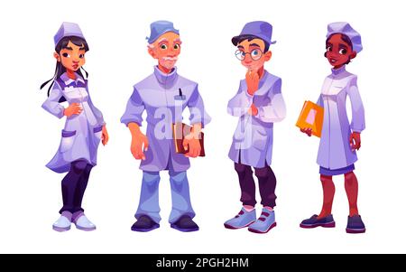 Ensemble de dessins animés du personnel médical isolé sur fond blanc. Illustration vectorielle des jeunes hommes et femmes et des médecins et infirmières âgés multiethniques en uniforme hospitalier. Services de cliniques de soins de santé Illustration de Vecteur