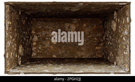 3D Illustration d'une boîte de terrain rocheux abstraite avec ouverture avant et isolée avec un chemin de coupure. Banque D'Images