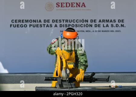 Non exclusif : 22 mars 2023, Rayón , Mexique : l'armée mexicaine de la zone militaire 22nd a détruit 288 armes légères, 93 armes longues, 3472 munitions et Banque D'Images