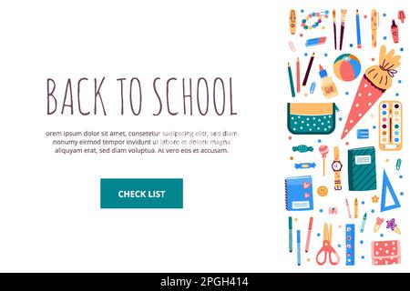 Cadre avec objets papeterie scolaires.Illustration vectorielle de modèle de style plat Illustration de Vecteur