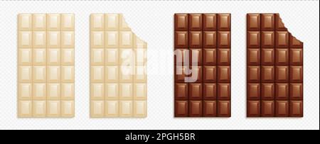 Barres de chocolat noir et blanc avec en-cas. Chocolat au lait sucré avec motif de carreaux dans la vue du dessus isolé sur fond transparent, vecteur réaliste illu Illustration de Vecteur