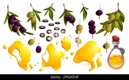 Ensemble de branches d'olivier isolées avec bouteille d'huile. Illustration avec baies sur brochette et taches de liquide jaunes. Condiment culinaire grec naturel i Illustration de Vecteur