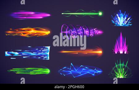 Effets de jeu de faisceaux magiques, pistolet laser, coup d'énergie et souffle. Effets futuristes d'attaque d'armes avec le feu, la foudre, les rayons de puissance et les sentiers de sort a Illustration de Vecteur