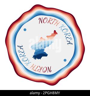 Badge Corée du Nord. Carte du pays avec de belles vagues géométriques et un cadre rouge et bleu vif. Logo rond vif de Corée du Nord. Illustration de Vecteur