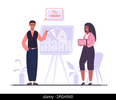 Untitled-Office Workers. Les employés hommes et femmes ayant une présentation sur le tableau de conférence. Collègues discutant du diagramme Illustration de Vecteur