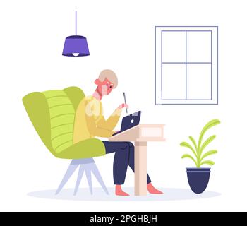 Travailleur indépendant assis dans un fauteuil et travaillant avec un ordinateur portable. Concepteur Web travaillant à distance à la maison. Homme employé Illustration de Vecteur