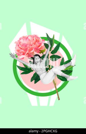 Vertical créatif collage image de l'air volant excité actif ont plaisir belle fleur frais rose fleur sereine calme paisible tendre Banque D'Images