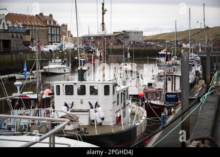 Photo du dossier datée du 19/01/21 de bateaux de pêche amarrés à Eyemouth Harbour, aux frontières écossaises. Kate Forbes, candidate à la direction du SNP, s'est engagée à mettre fin aux plans controversés visant à interdire toutes les formes de pêche commerciale et récréative dans d'importantes étendues des eaux écossaises. Date de publication : jeudi 23 mars 2023. Banque D'Images