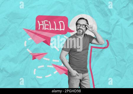 Tendance créative collage de l'homme moyen mûr papier avion message médias sociaux dire bonjour salut communication parler message conversation commentaire Banque D'Images