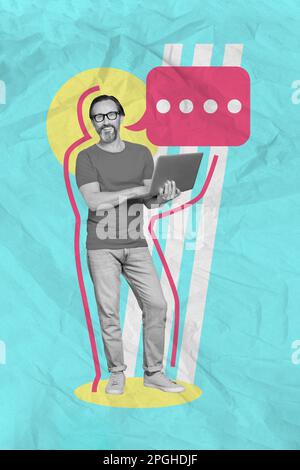Image verticale de collage créatif de l'homme mûr d'âge moyen ont amusant ordinateur portable communication commentaire dire parler communication discussion Banque D'Images