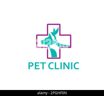 Icône de clinique d'animal de compagnie, chien, chat et oiseau en croix, vétérinaire hôpital ou vétérinaire médecin vecteur symbole. Soins vétérinaires, santé des animaux et clinique pour animaux de compagnie ou medi Illustration de Vecteur