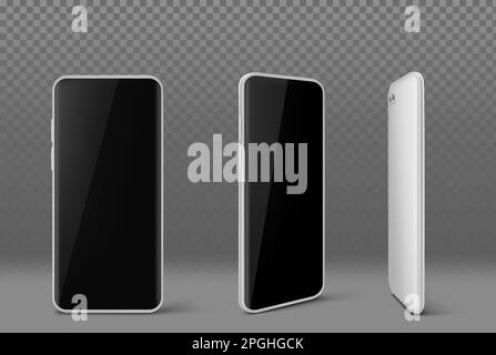 Vue frontale et d'angle du téléphone mobile blanc isolée sur un arrière-plan transparent. Maquette de smartphone Vector Realistic avec écran noir et boîtier blanc. Design moderne de l'appareil numérique Illustration de Vecteur