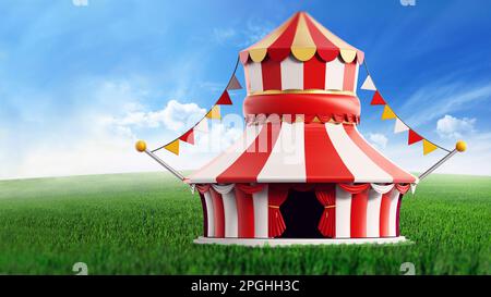 Tente de cirque debout sur champ vert sur fond de ciel bleu. 3D illustration. Banque D'Images