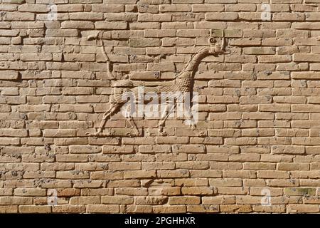 Paysage vue rapprochée d'un mur de briques avec le Mušḫuššu-Dragon mythologique sur lui à l'intérieur de la ville de Babylone. Banque D'Images