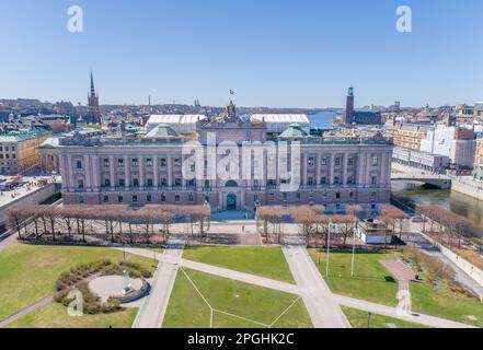 Parlement Riksdagshuset à Stockholm, Suède. Riksdag - Bâtiment du Parlement suédois. Point de vue du drone Banque D'Images