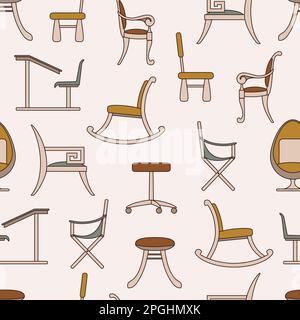 Chaises et fauteuils à motifs sans couture. Éléments intérieurs de couleur boho sur fond beige. Différents types de fauteuil, mobilier. Ordinateur, enfants, camp Illustration de Vecteur