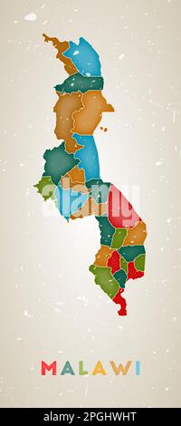 Carte du Malawi. Affiche de pays avec des régions colorées. Texture grunge ancienne. Illustration vectorielle du Malawi avec le nom du pays. Illustration de Vecteur