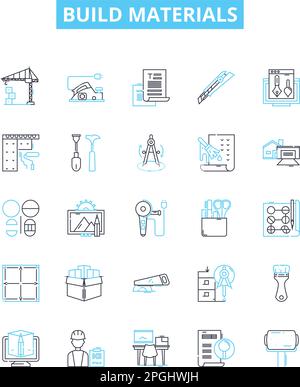Jeu d'icônes de lignes vectorielles de matériaux de construction. Briques, ciment, sable, gravier, bois, L'illustration acier, métal présente des symboles et des panneaux de concept Illustration de Vecteur
