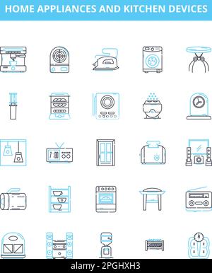 Appareils ménagers et appareils de cuisine ensemble d'icônes de lignes vectorielles. Cuisinière, micro-ondes, bouilloire, grille-pain, lave-vaisselle, Réfrigérateur, contour de l'illustration du blender Illustration de Vecteur