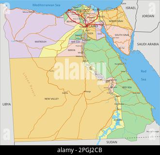 Égypte - carte politique modifiable très détaillée avec étiquetage. Illustration de Vecteur