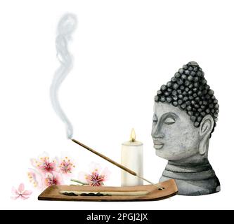 Aquarelle statue spirituelle de Bouddha et bâton d'arôme brûlant avec bougie et fleurs roses pour la détente, méditation isolée sur fond blanc Banque D'Images