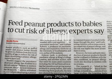 « Nourrir les produits d'arachide aux bébés pour réduire le risque d'allergie, disent les experts » le journal Guardian titre allergies santé article 18 mars 2023 Londres UK Banque D'Images