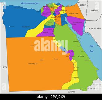 Carte politique colorée de l'Égypte avec des couches clairement étiquetées et séparées. Illustration vectorielle. Illustration de Vecteur