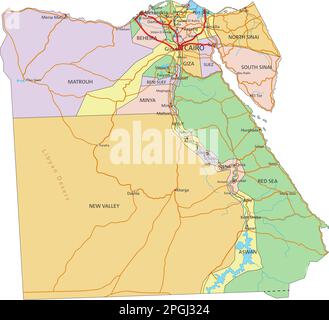 Égypte - carte politique modifiable très détaillée avec étiquetage. Illustration de Vecteur