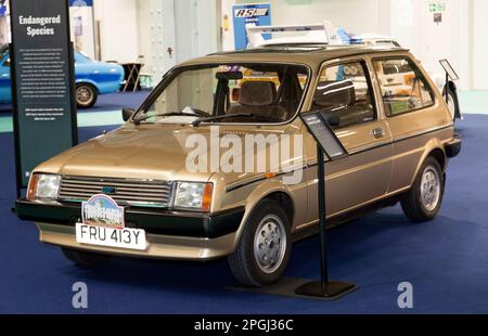 Vue de trois quarts avant d'a Gold, 1983, Austin Metro Vanden Plas Mk1 , exposé au London Classic car Show 2023 Banque D'Images