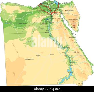 Carte physique très détaillée de l'Égypte avec étiquetage. Illustration de Vecteur