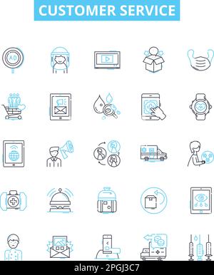 Jeu d'icônes de ligne de vecteur de service client. Support, assistance, aide, soins, réponse, Les commentaires, les illustrations de présence décrivent les symboles et les affiches de concept Illustration de Vecteur
